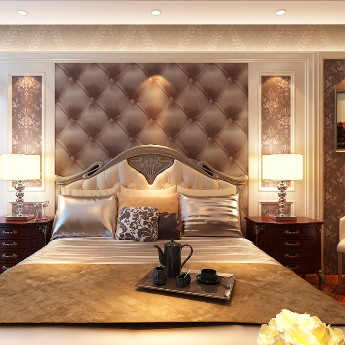 leather wallpaper in the bedroom interior