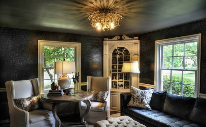 leather-look wallpaper in the living room interior