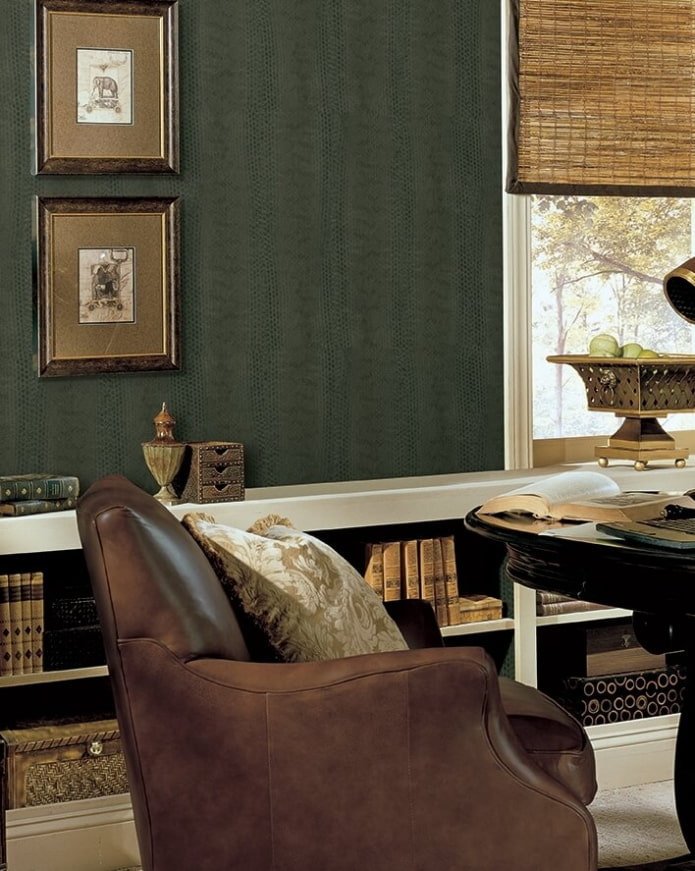 leather-look wallpaper in the living room interior