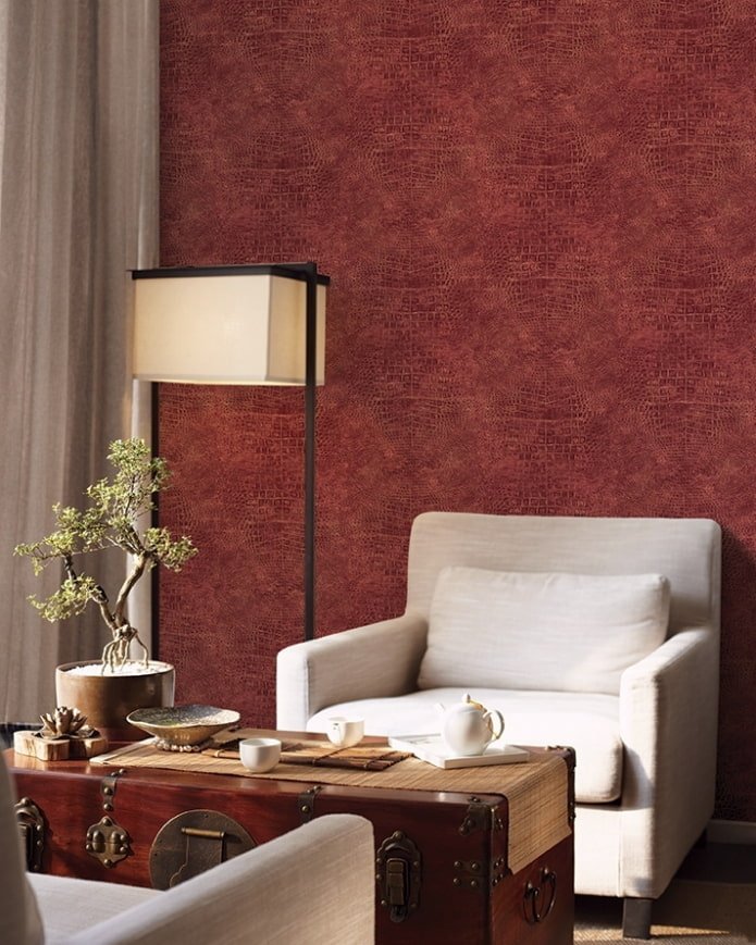 red leather wallpaper in the interior