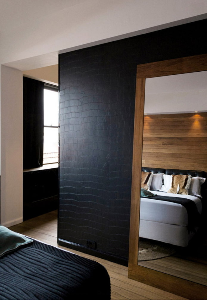 leather wallpaper in the bedroom interior