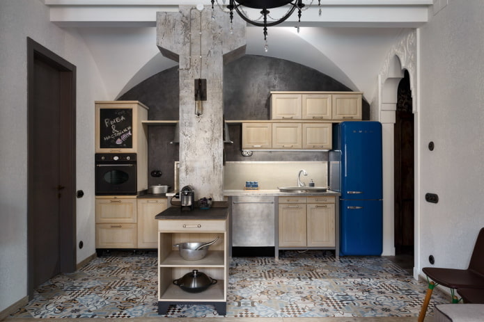 gray plaster-like walls in the kitchen