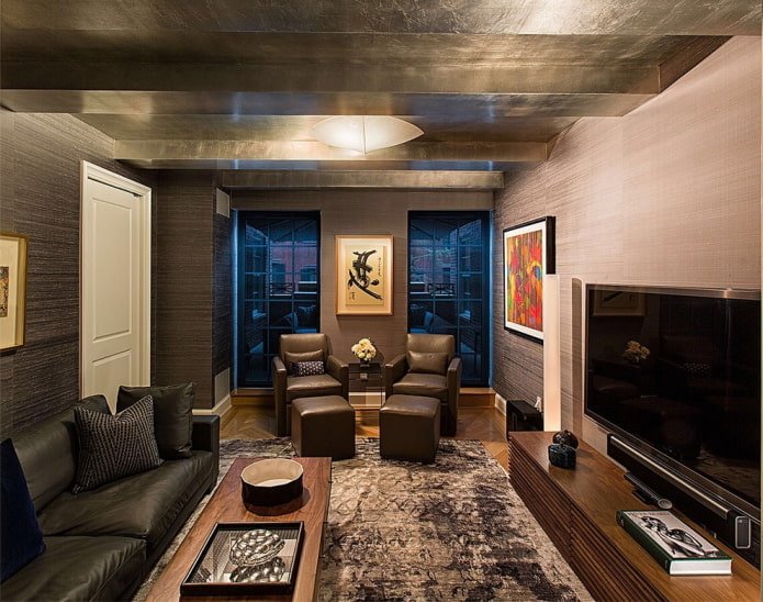 living room with wallpaper under plaster
