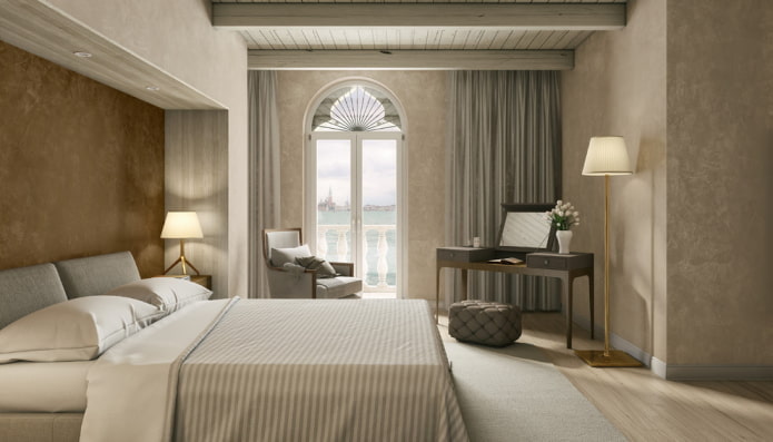 bedroom with beige wallpaper