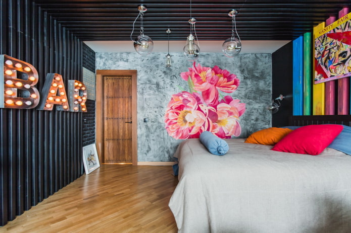 wallpaper with imitation of plaster in the bedroom