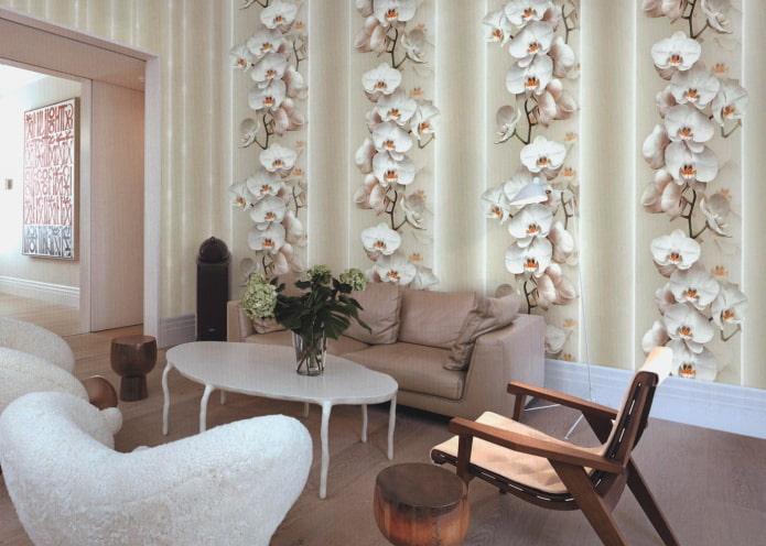 wallpaper with orchids in the living room interior