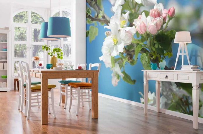 photo wallpaper with a blossoming apple tree in the interior of the dining room