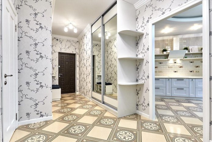 light gray wallpaper with a pattern in the hallway