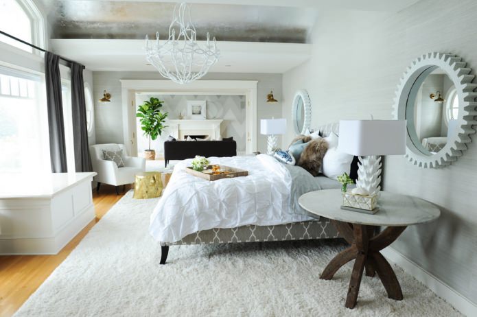 light furniture under gray wallpaper