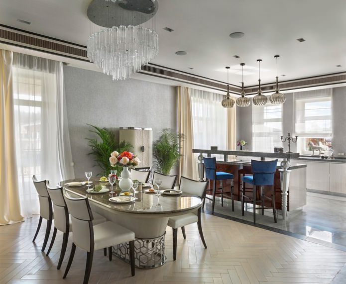 curtains in the kitchen-dining room for gray wallpaper