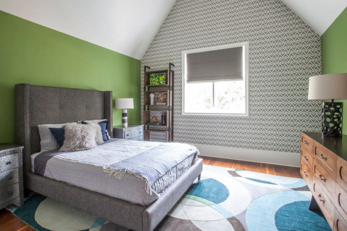 white and gray wallpaper and green walls in the bedroom