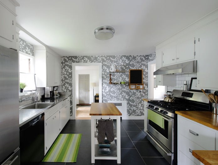 gray and white wallpaper in the kitchen