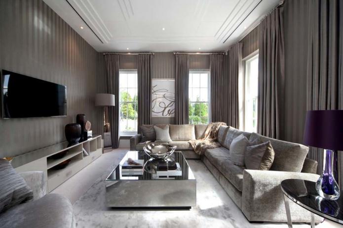 gray striped wallpaper in the living room