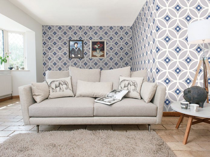 modern living room interior with gray, white and blue patterned wallpaper