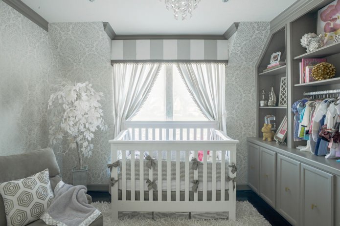 Gray wallpaper in a nursery for a newborn