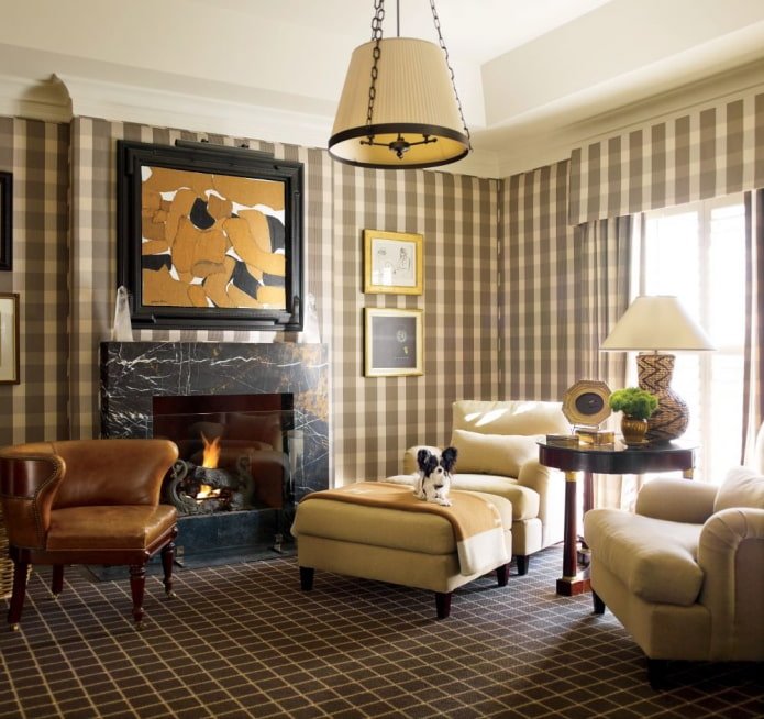 Living room with checkered wallpaper
