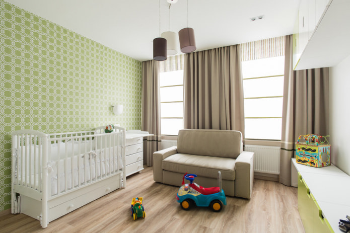 Green wallpaper in the nursery for a newborn