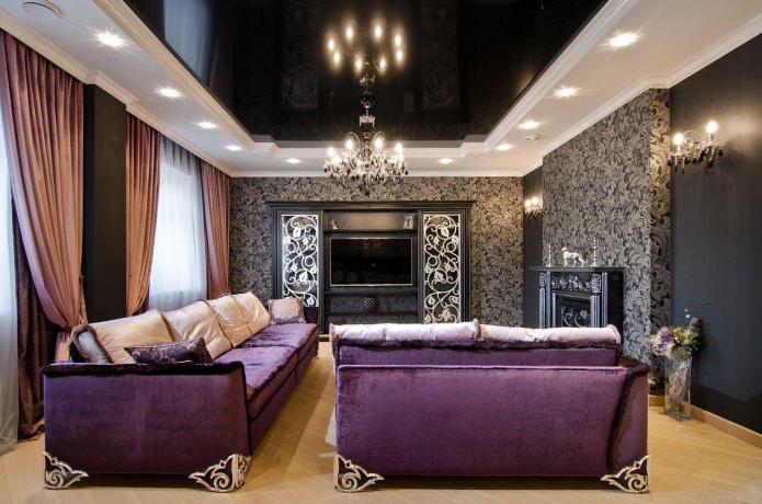 Lighting in the living room with stretch ceilings