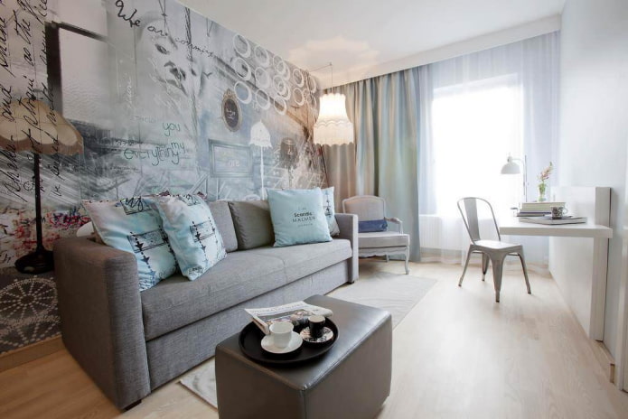 photo wallpaper on the wall behind the sofa