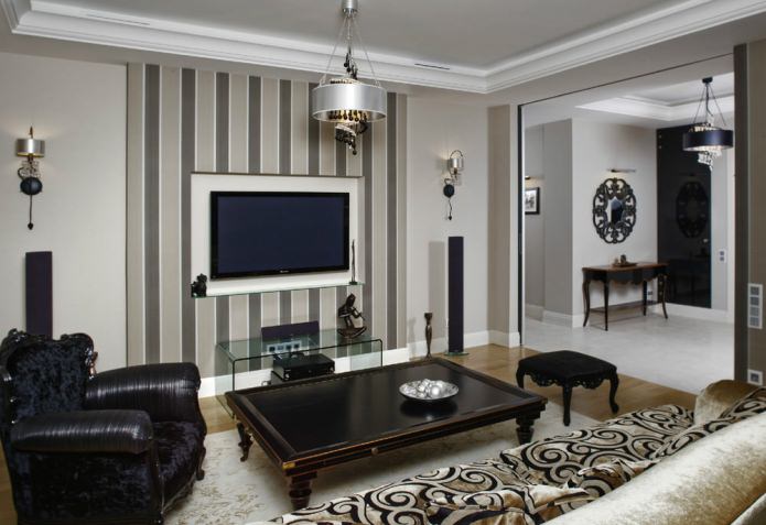 living room with coffee-gray vertical striped wallpaper
