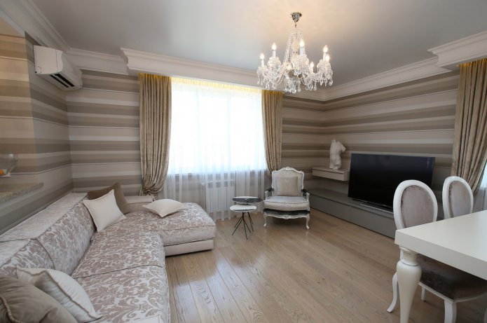 Beige striped wallpaper in the living room interior
