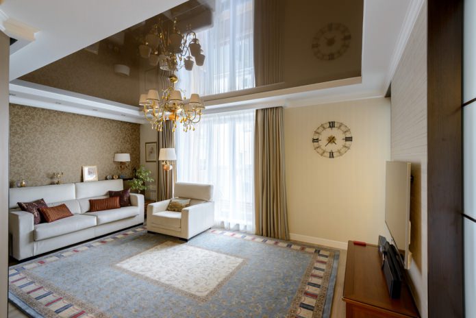 mirror stretch ceiling in the living room interior