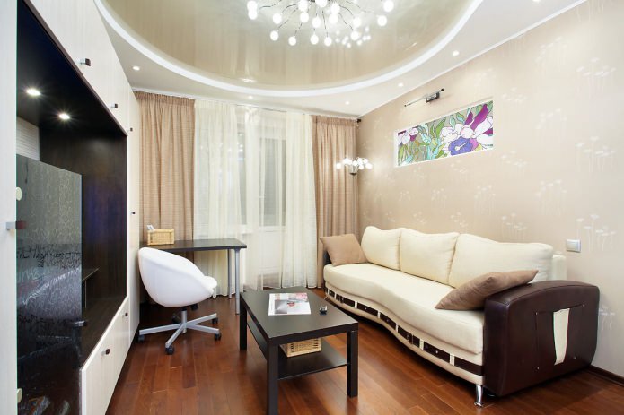 Two-level stretch ceiling in the living room interior