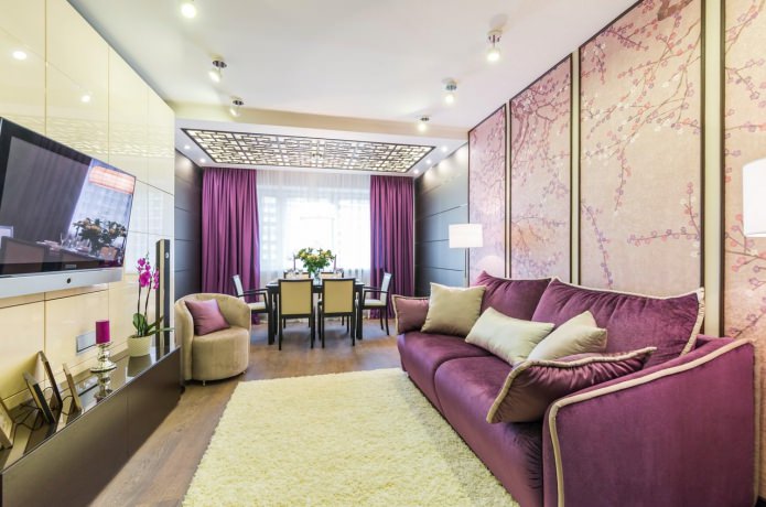 purple panels and a sofa in the interior