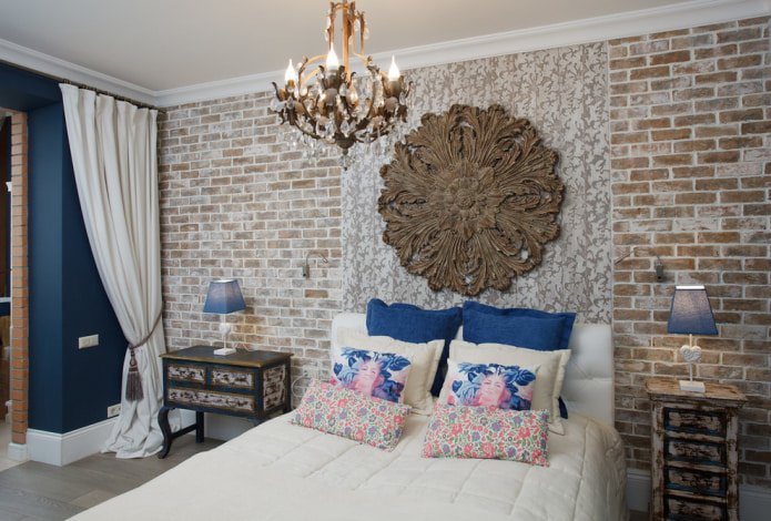 brickwork and wallpaper in the bedroom