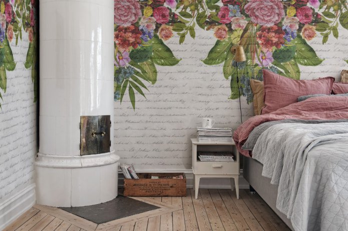Provence style bedroom with photo wallpaper on the walls