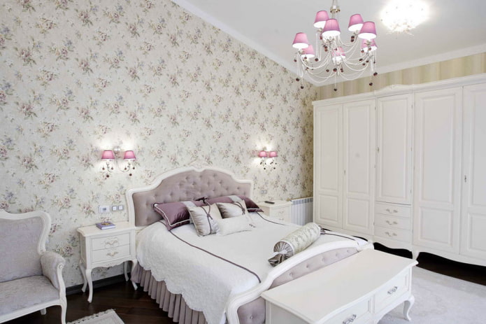 Different wallpaper behind the wardrobe in the bedroom