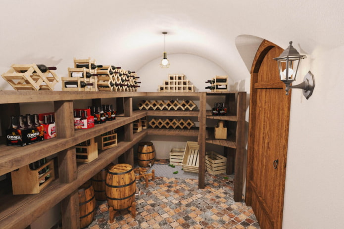 wine cellar with charred barrels at the dacha