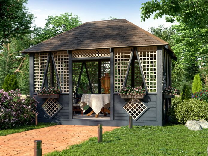 two-color gazebo made of slats and boards
