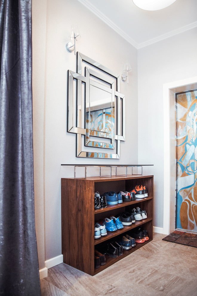 wooden shoe rack in the hallway interior