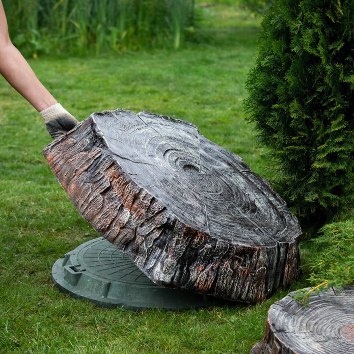 septic tank hatch decoration with fake tree stump