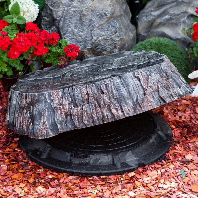 septic tank decor with fake tree stump and flowers