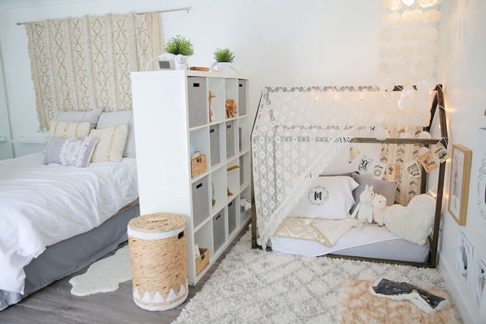 zoning the bedroom with a shelving unit