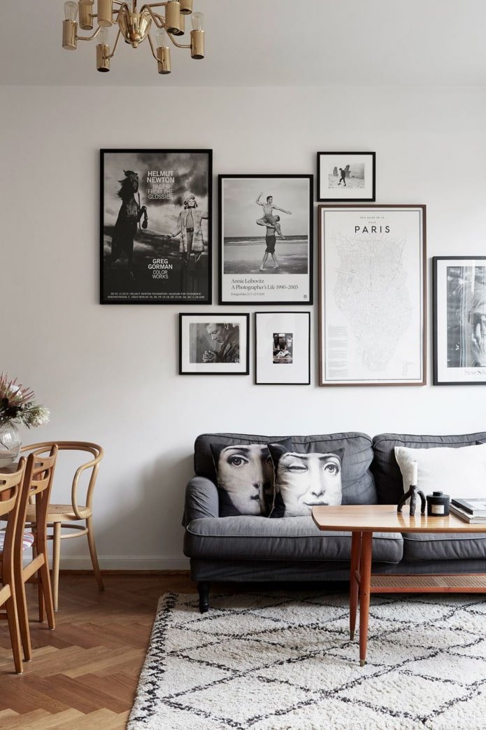 black and white photos in the living room