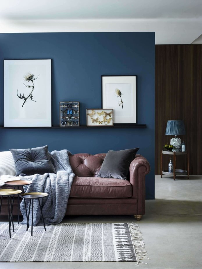 blue wall behind the sofa