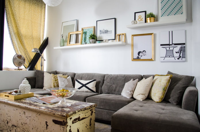 shelves for pictures above the sofa
