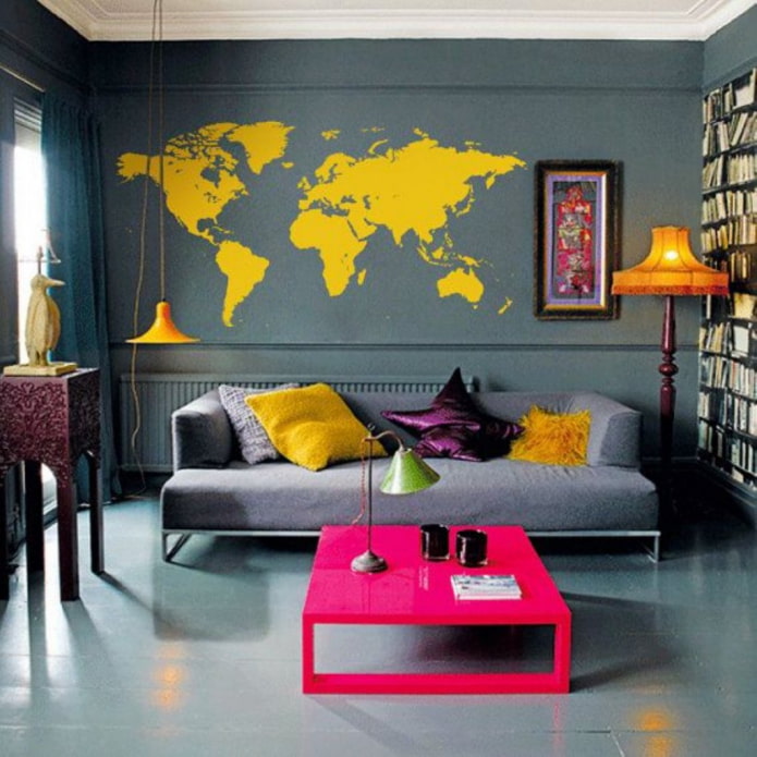 bright interior with a map