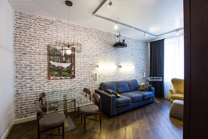 Brick-effect wallpaper in the living room interior
