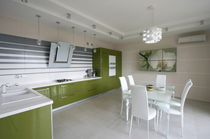 beige wallpaper in a kitchen with a green set