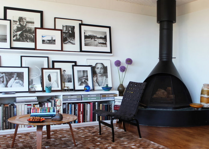 black and white photographs in the interior
