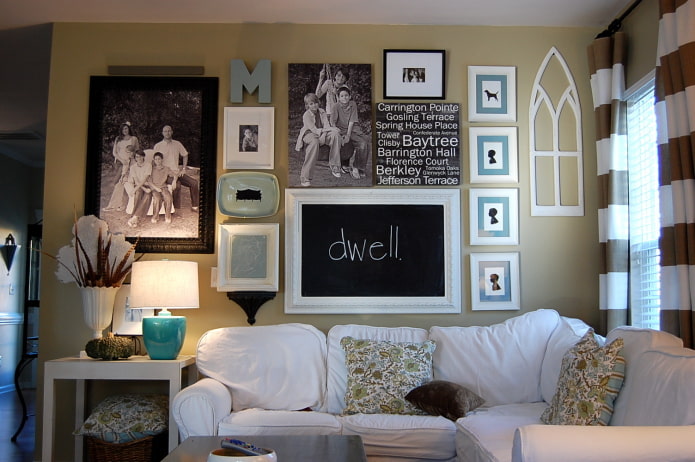 photos with letters and inscriptions in the interior