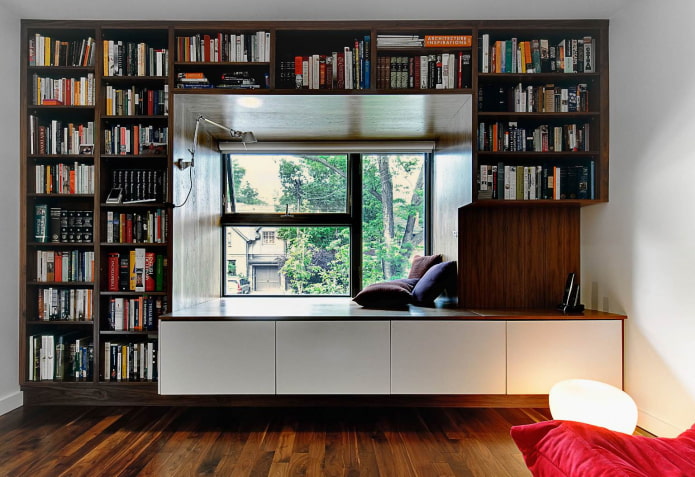 bookcase around the window