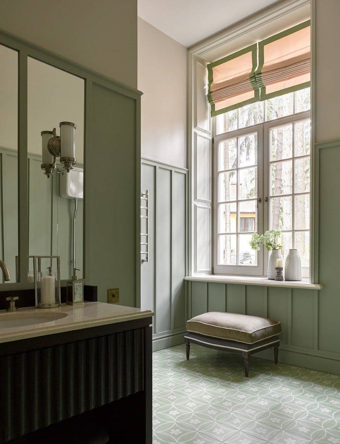 white moldings on slopes in a pistachio kitchen
