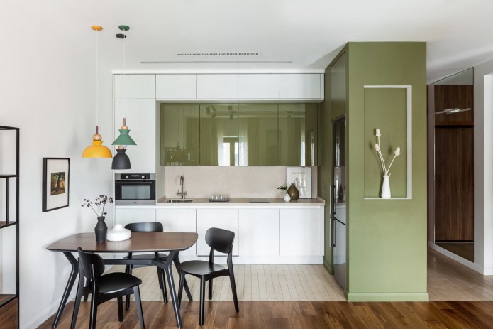 white and olive kitchen