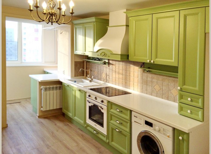 olive kitchen with a hood