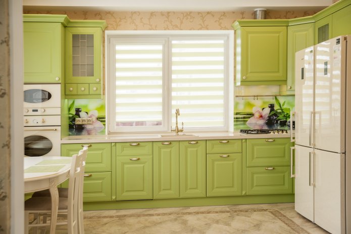 curtains in a green kitchen